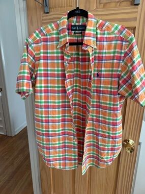 Ralph Lauren Short Sleeve Button-Down Shirt in Orange, Green & White Plaid